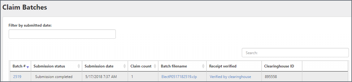 The Claim Batches page displays batches sent to the clearinghouse.